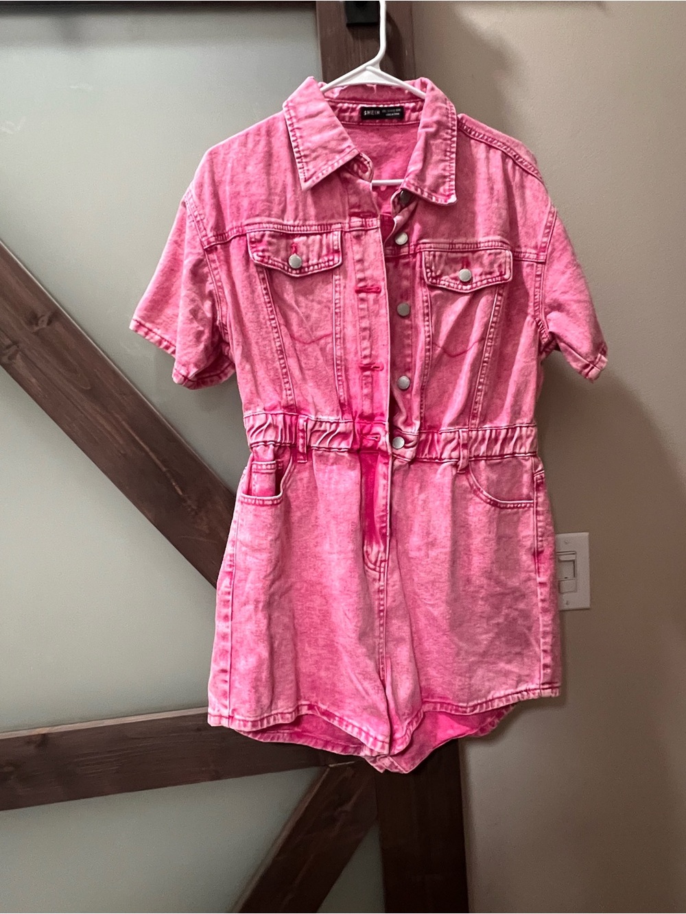 SHEIN Pink Short-Sleeve Denim Romper